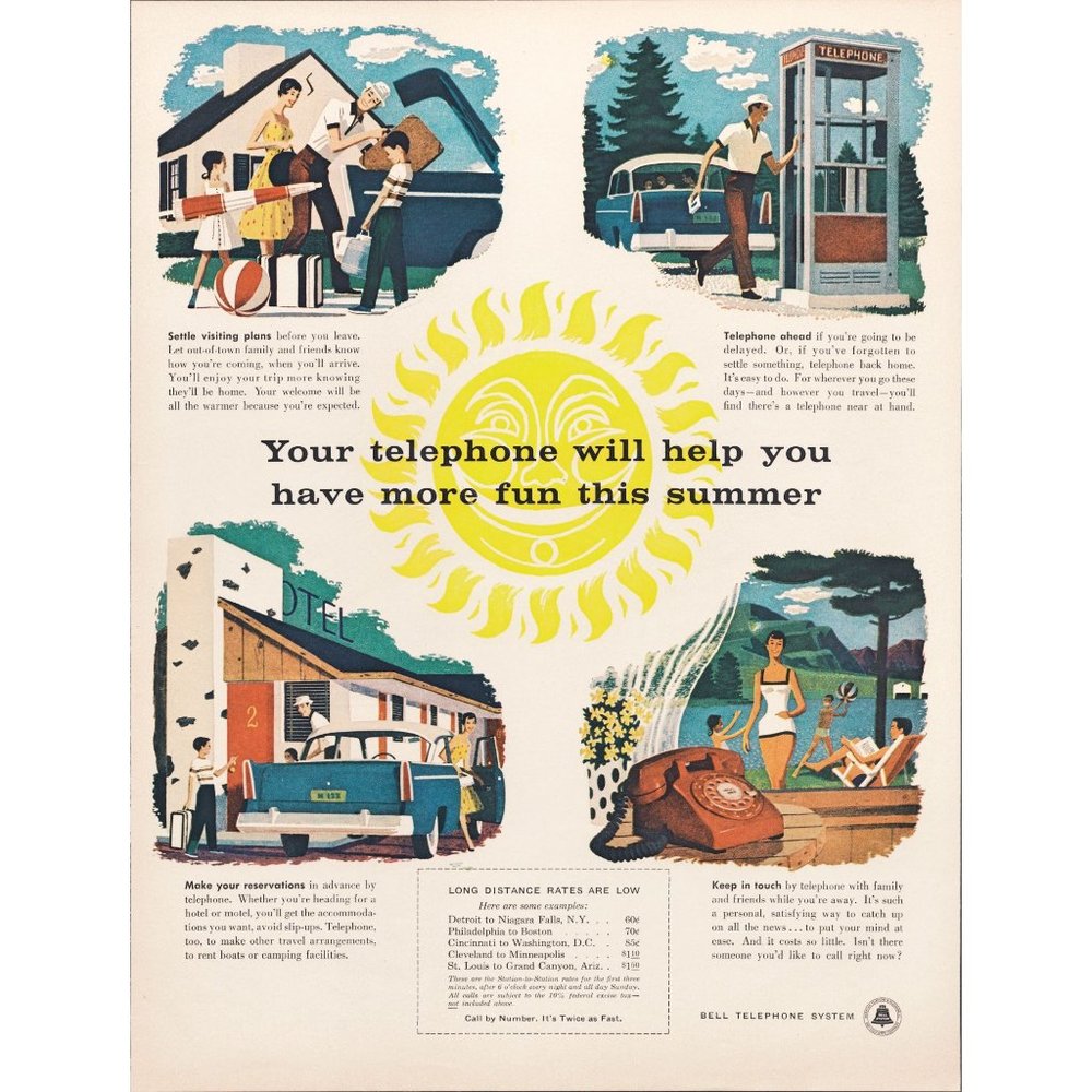 1956 Bell Telephone System Vintage Print Ad Road Trip Motel Lake Resort Wall Art